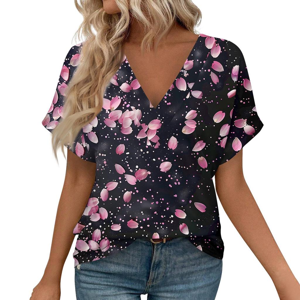 Women's Short Sleeve Shirts V Neck Print Tops Casual Tops Basic Tees Blouse Loose Tops