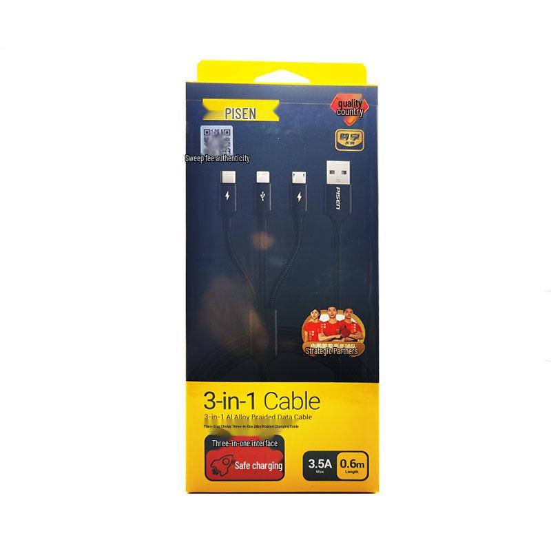 Pisen 100W USB-C 3-in-1 Braided Fast Charging Cable, Customizable with Logo.