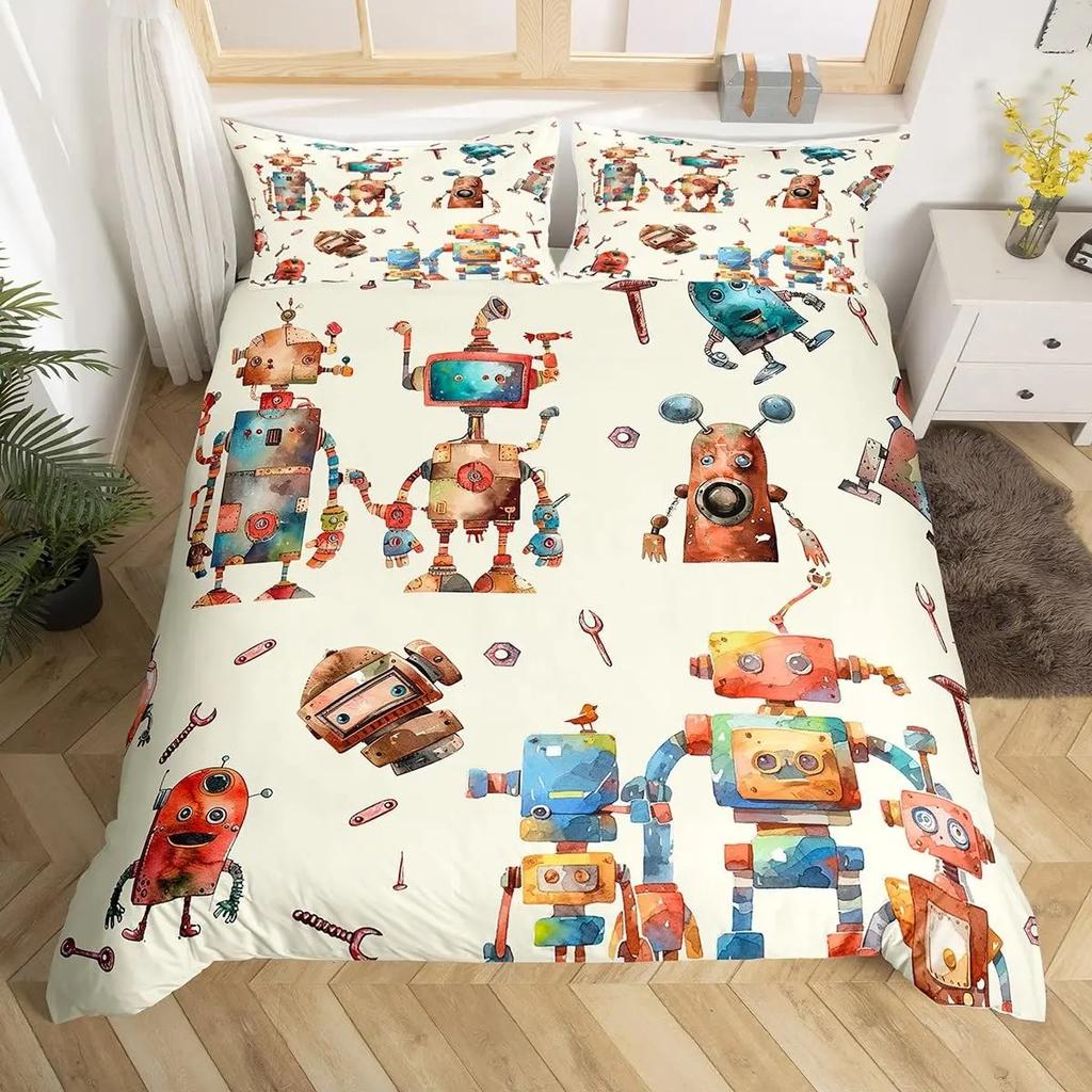 Boys Cartoon Robot Rocket Duvet Cover King Queen Size,Kids Spaceship Bedding Set 3Pcs Starry Galaxy Universe Planet Quilt Cover