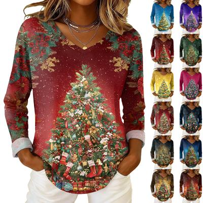 Женский повседневный топ с V-образным вырезом и длинными рукавами с рождественским принтом
