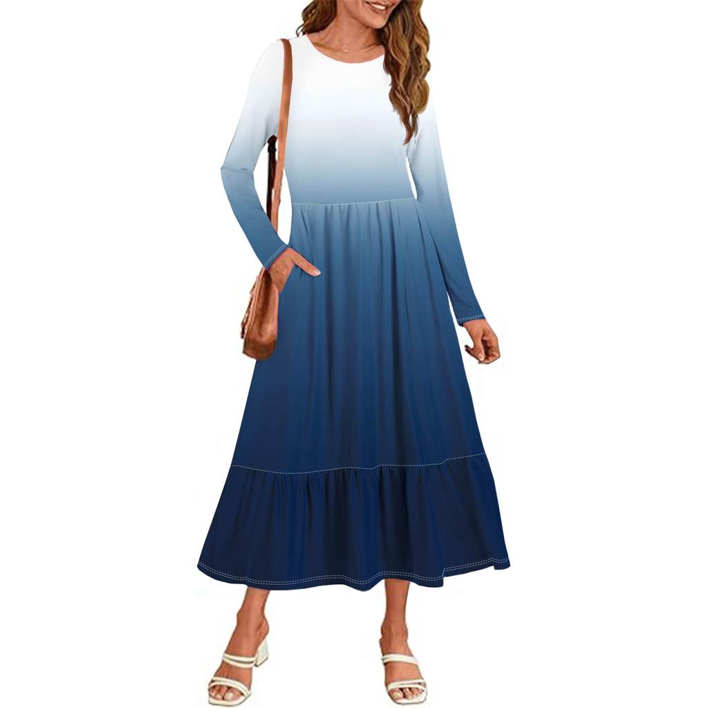 Women's Gradient Sequins Printed Casual Dress Spring Autumn Pocket Round Neck Long Sleeve Dresses