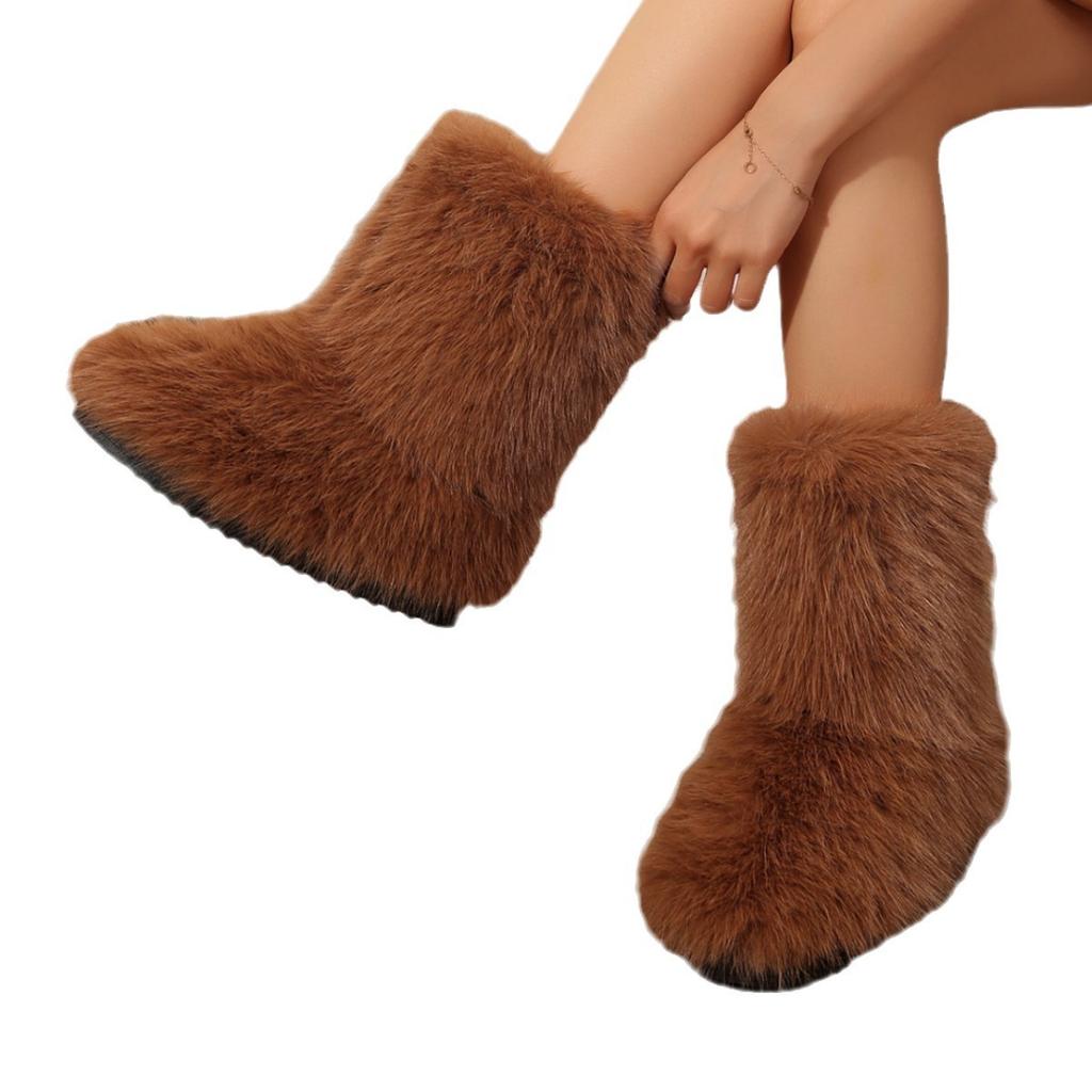 2024 женские зимние сапоги для отдыха на природе из искусственного меха лисы, плюшевые теплые хлопковые туфли на плоской подошве, модные теплые сапоги для девочек большого размера с мехом