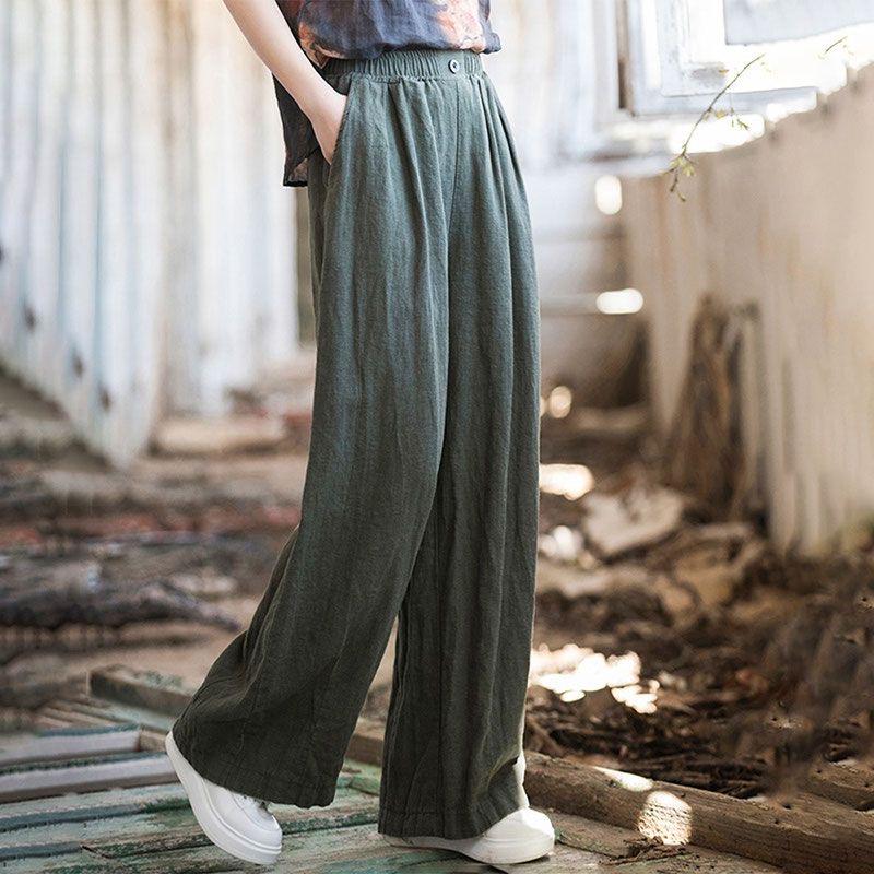 2025 Новые свободные повседневные брюки с высокой талией из хлопка и льна, брюки в стиле ретро с широкими штанинами