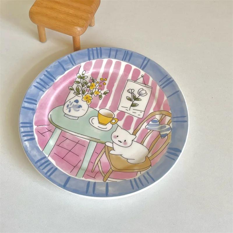 Милая и игривая мультяшная керамическая тарелка корейская высокая эстетика бытовая посуда десертная тарелка салатная тарелка для завтрака керамическая плоская