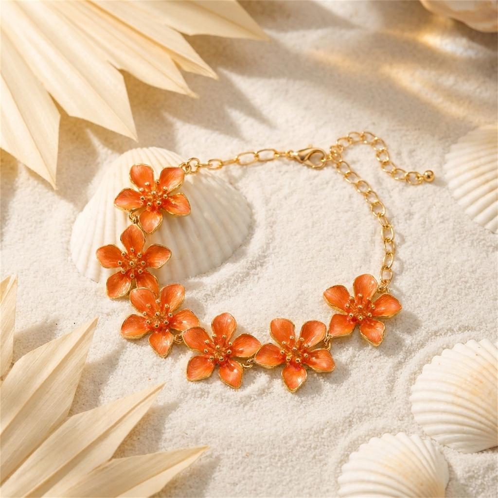 Оранжевый эмалированный цветочный браслет на щиколотку для женщин, регулируемая цветочная цепочка на ногу, богемный летний пляжный аксессуар для ног