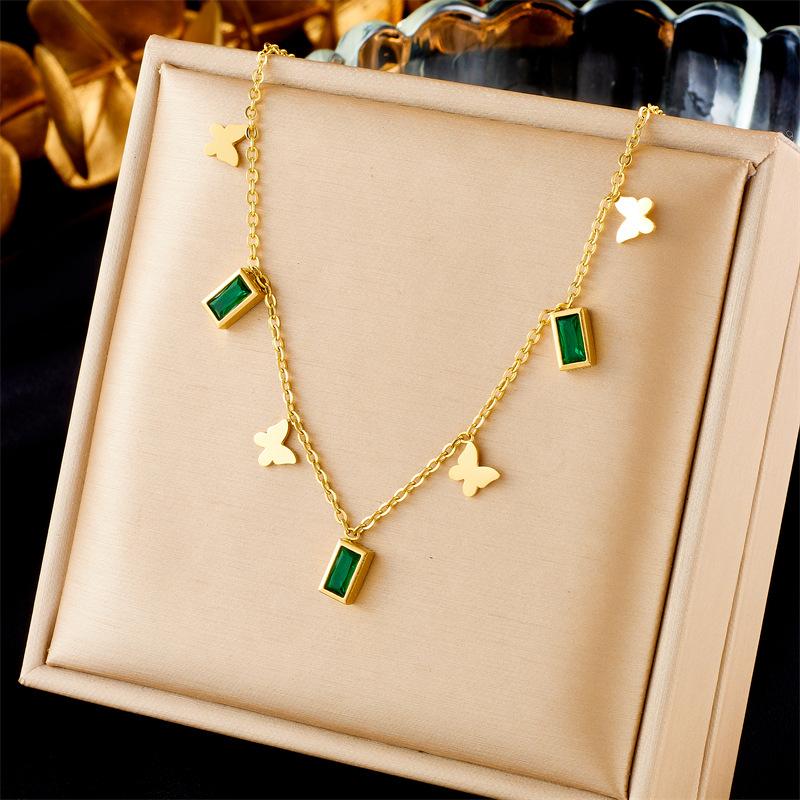 Gold Plated Butterfly Emerald Necklace, Stainless Steel Green Zircon Choker, Dainty Green Gem Jewelry for Women Gift