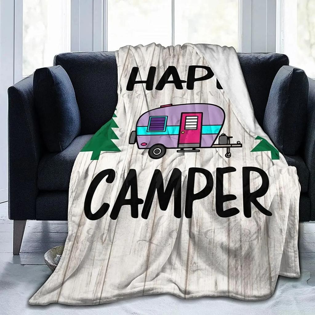 Throw Blanket Happy Camper Cozy Microfiber Bed Blanket for Adult Kids Flannel Lap Blanket for Couch Chair,Custom