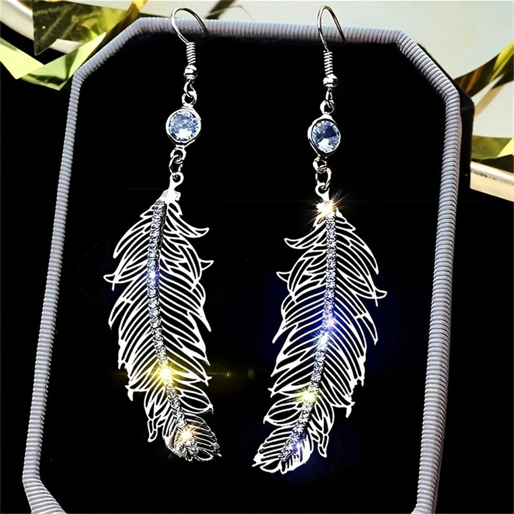 Elegant Long Feather Earrings Crystal Dangle Earrings Wedding Engagement Ear Jewelry Gift