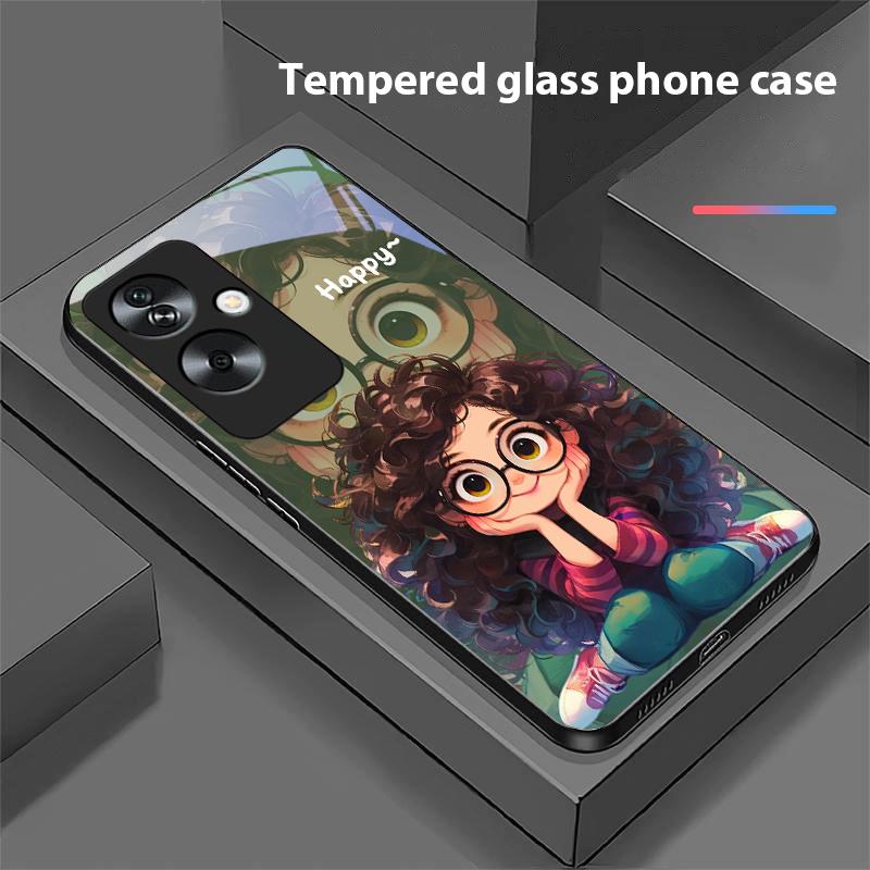 Девушка с кудрявыми волосами Для Oppo A79 5G 58 78 74 60 4G Reno 11F Realme GT 6 11 Note 50 10 C55 X2 Закаленное стекло Черный чехол для телефона