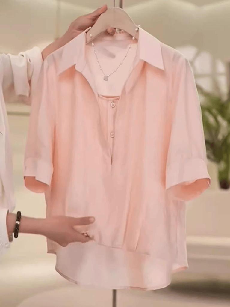 Plus Size Summer Polo Collar Chiffon Shirt - Loose, Lightweight Silk Short Sleeve Top for Women