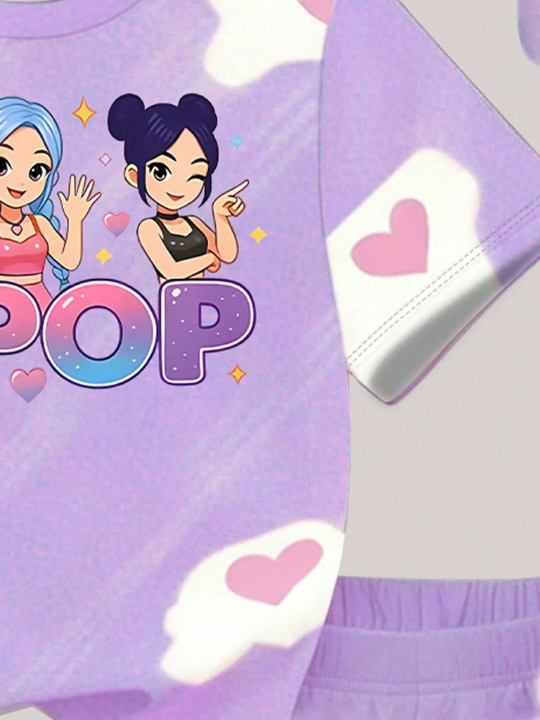 Girl's Light Purple Cloud Heart K-Pop Cartoon Idol Print 2-piece Set T-shirt Elastic Waist with Shorts for Children