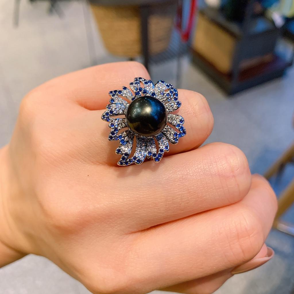 Австралийский рябчик жемчуг сапфир бриллиант, стильное кольцо, регулируемое кольцо