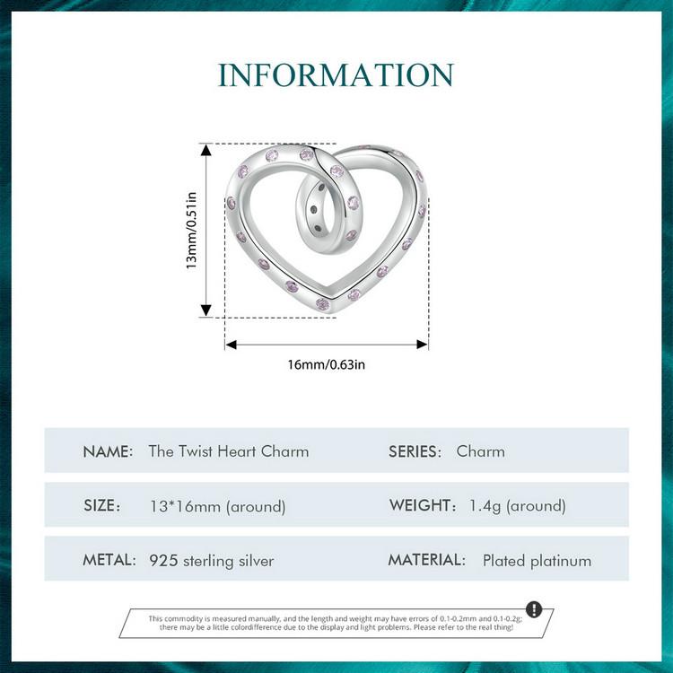 BAMOER Стерлингового Серебра 925 пробы Романтический Твист Сердце Подвески Подвеска для Женщин Браслет DIY Ювелирные Изделия
