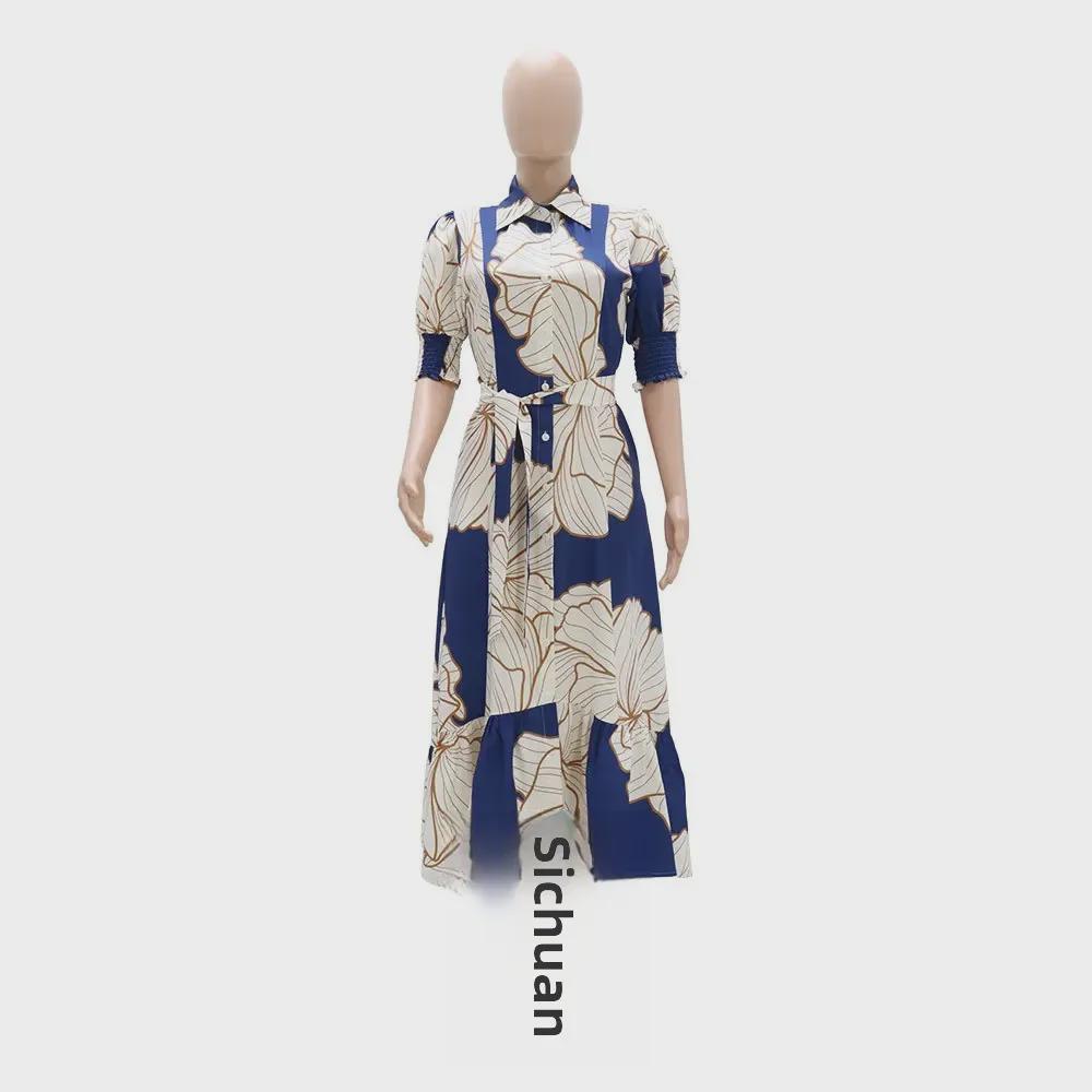 Платье-кардиган в стиле рубашки с завышенной талией и принтом в европейском и американском стиле с неровным подолом