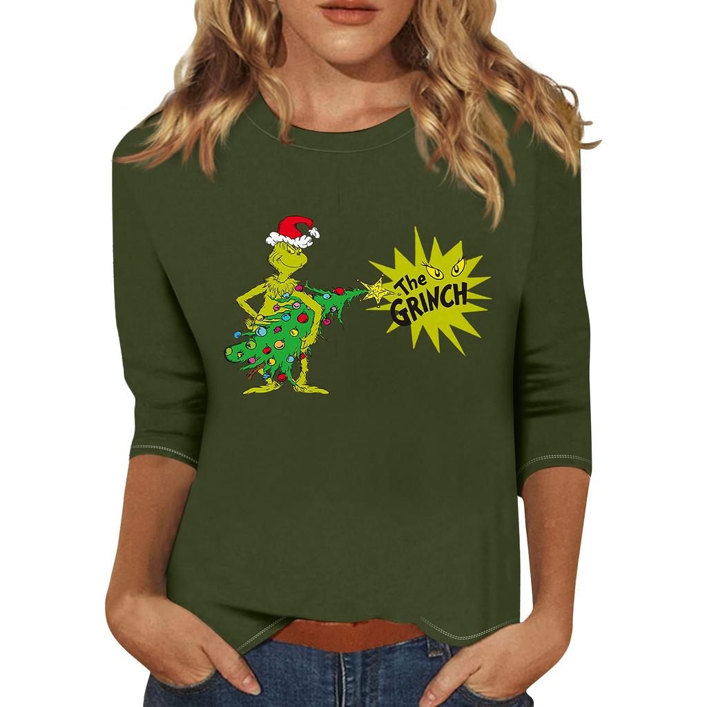 3/4 рукава топы для женщин футболка повседневные рождественские принты топы футболка круглый вырез пуловер блузка