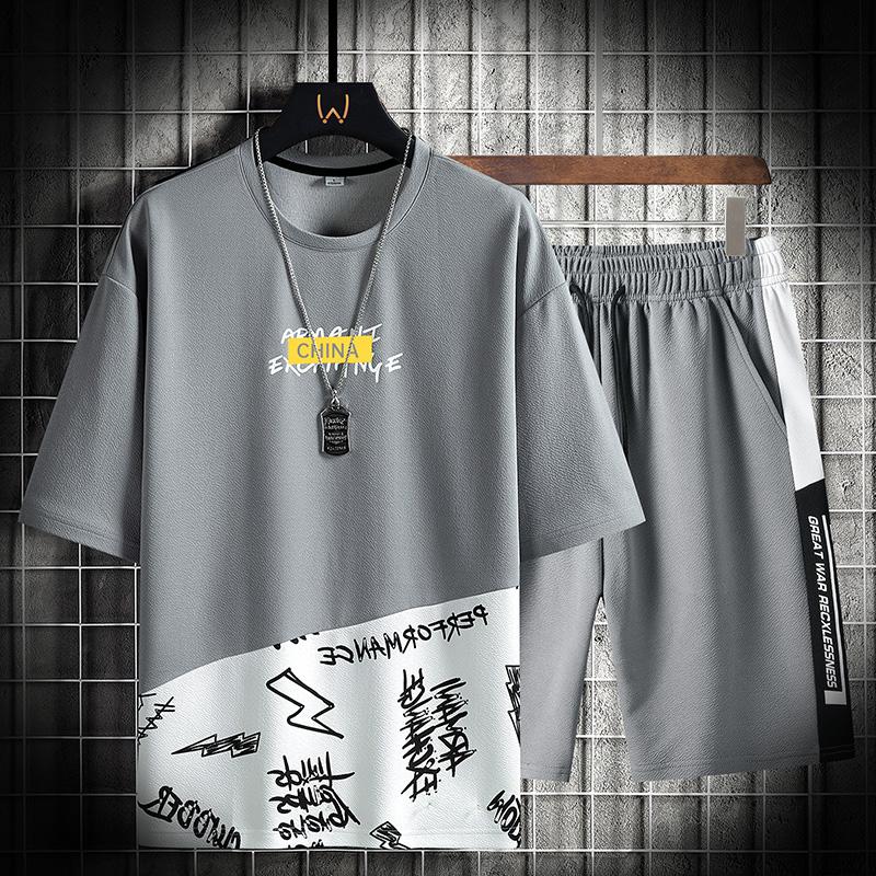 Летние мужские комплекты с короткими рукавами, модные футболки с круглым вырезом с принтом + шорты с эластичной резинкой на талии, комплект из 2 предметов, уличная одежда, свободный повседневный мужской костюм