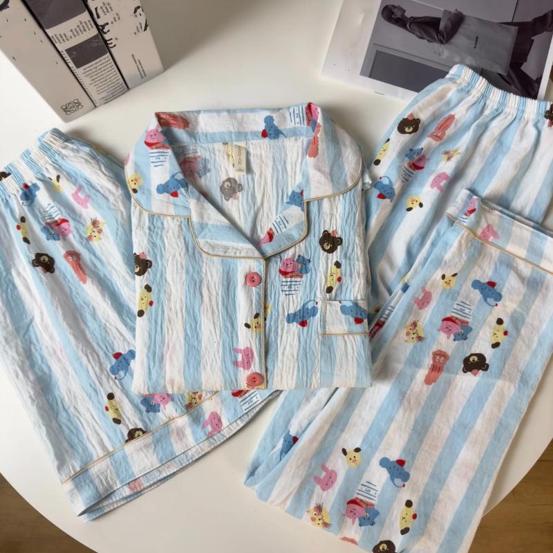 Print Striped Cartoon Dog Pajamas Set for Women V-neck Soft Y2K All-match 3 Piece Pajamas Set Autumn Winter New Casual Nightwear