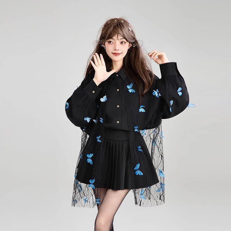 Three Dimensional Butterfly Lace Women's Shirt Black New Lapel Button Up Blouse Spring Autumn Loose Fashion Woman Top