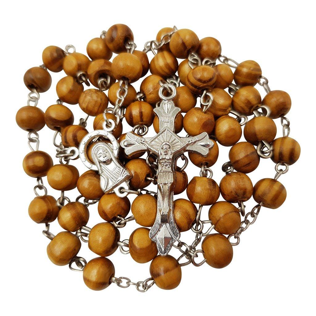 Деревянные четки, католическое ожерелье, 8 мм, деревянные круглые бусины, Иерусалимский крест-четки, распятие Девы Марии, центральный элемент с сертификатом