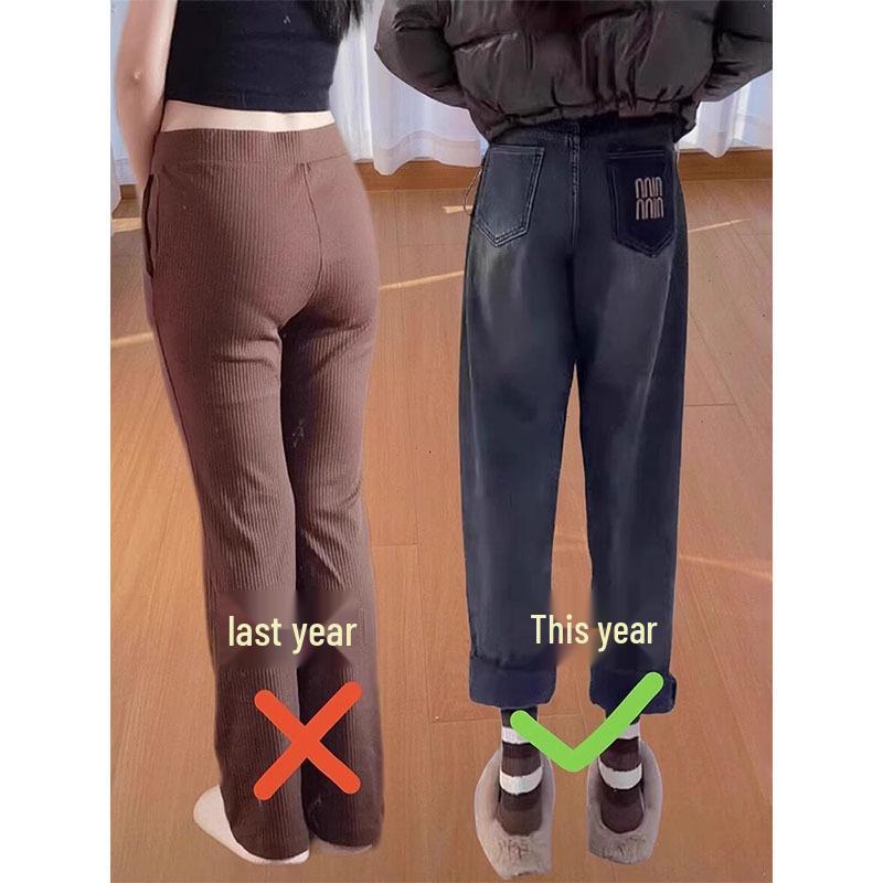 Women's Plus Velvet High Waist Carrot Jeans - Autumn/Winter 2024, Loose Fit, Pear-Shaped, Slimming, Plus Size.