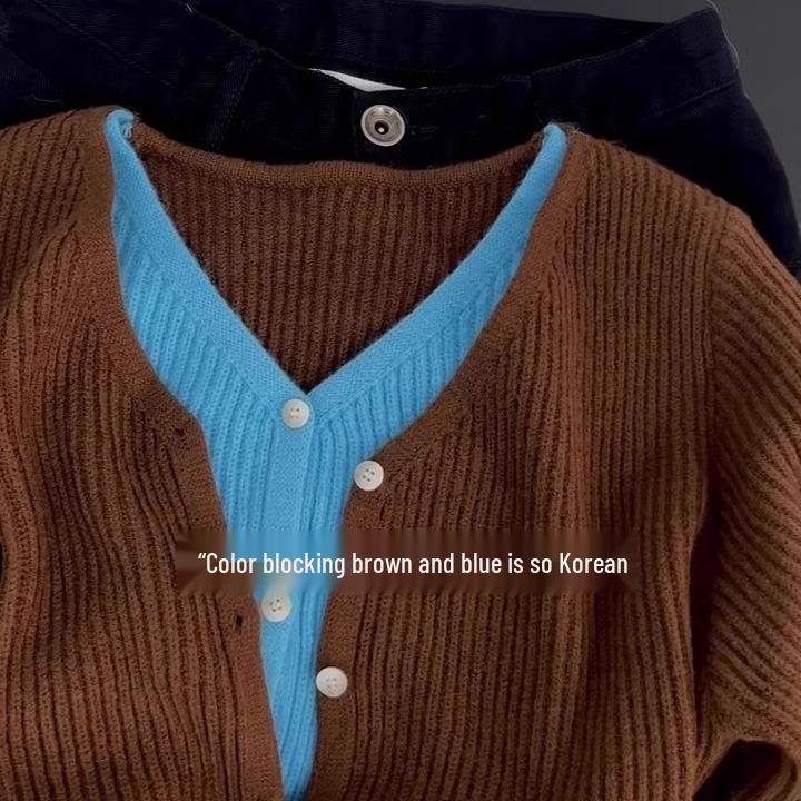 Korean Style Knit V-Neck Color Block Cardigan Sweater for Women - Autumn Wear