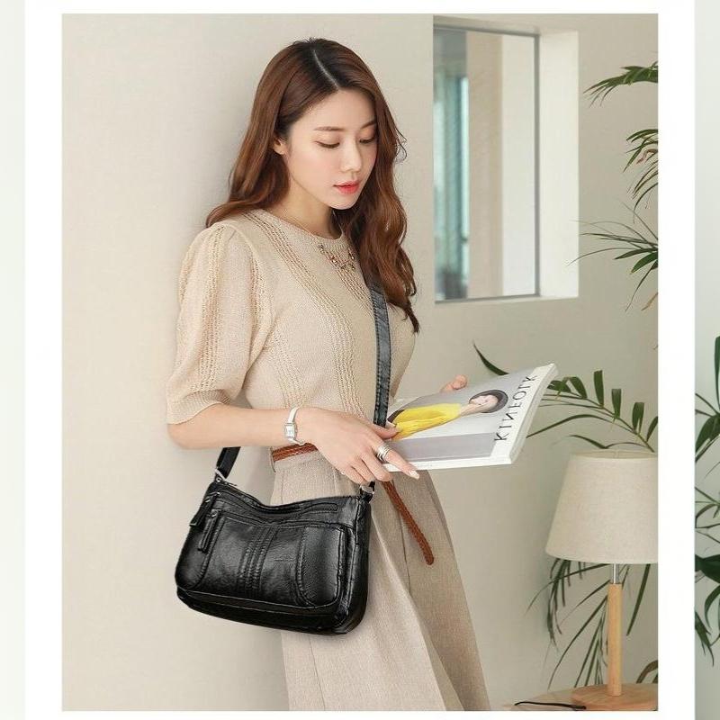 Ретро Мягкая Кожаная Сумка Через Плечо Много Карманов Однотонная Сумка Crossbody Идеально для Деловых Поездок Покупок