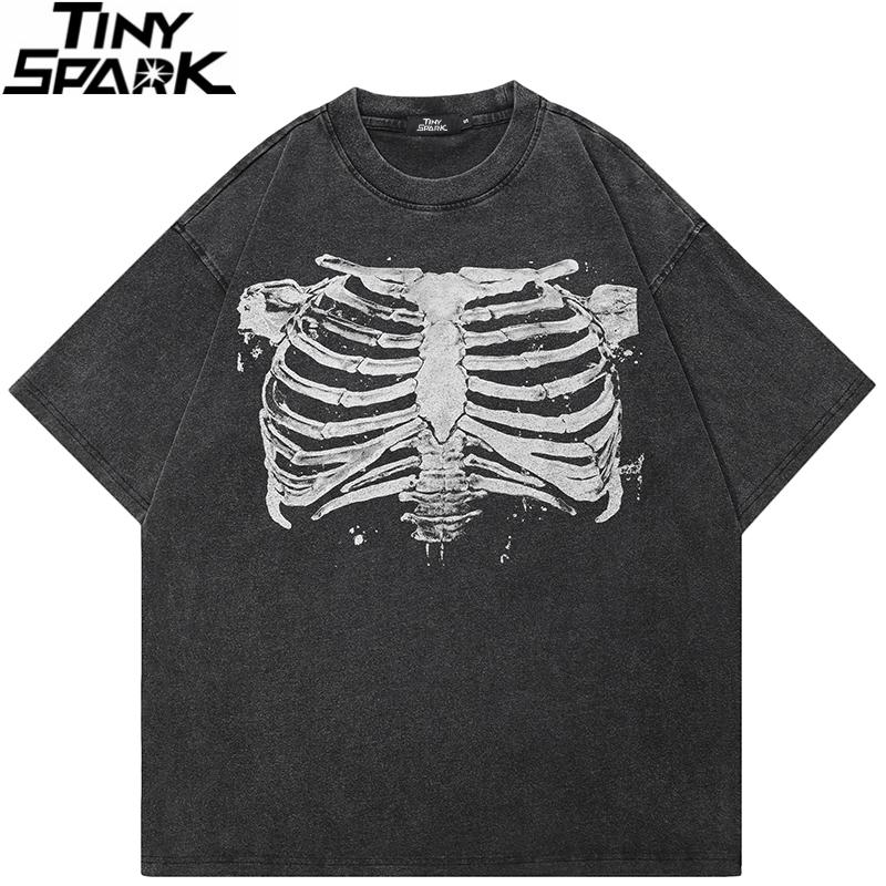 Hip Hop Faded Black TShirt Streetwear Skeleton Graphic T Shirt Cotton Hipster Men Tshirt Unisex Tops Tees Back Print