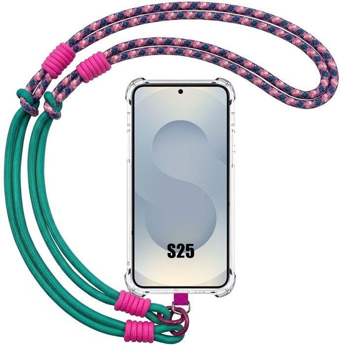 Coque pour Samsung Galaxy S25, Protection Antichoc Silicone avec Cordon Amovible Vert Violet