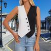 Women Button Waistcoat Sleeveless Black White Colorblock Suit Vest Crossover V-neck Casual Short Top for Daily Wear Dating Street