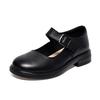 Round Head Mary Jane Shoes Women's First Layer Cowhide One-word Buckle Shallow Mouth Flat Bottom College Style Small Leather Shoes