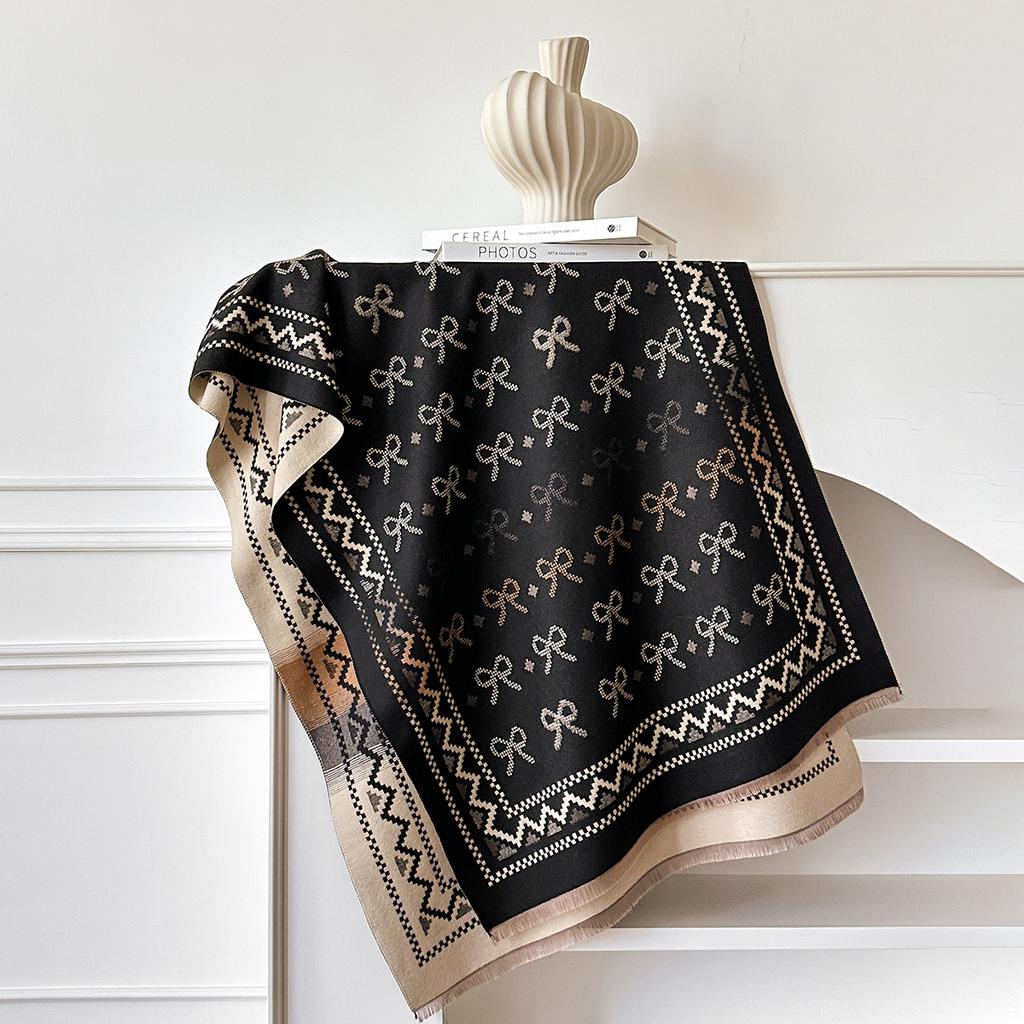 Осенне-зимний шарф с бантом для пресбиопии, женский теплый шарф из имитации кашемира в сочетающихся цветах, двусторонний платок для кондиционера