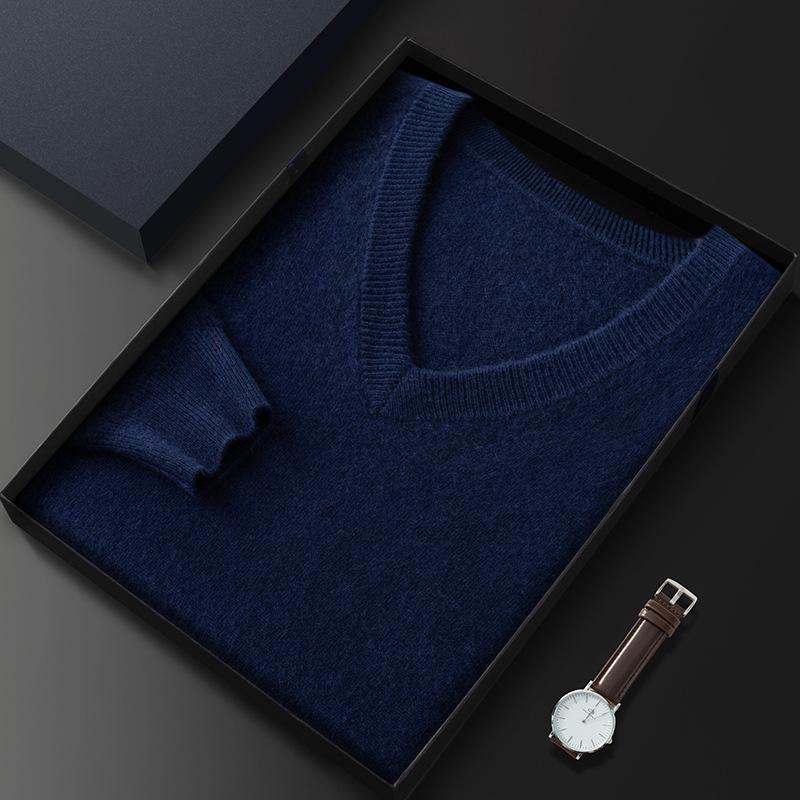 Men's V-Neck Cashmere Sweater - Long-Sleeved Business Knit for Autumn and Winter