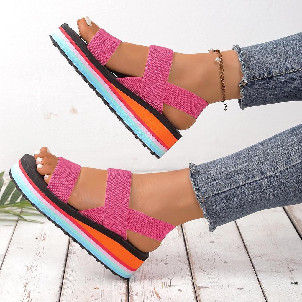 Women's Black & White Roman-Style Sandals with Thick Sole, Faux Hemp Rope Design, Perfect for Summer Style