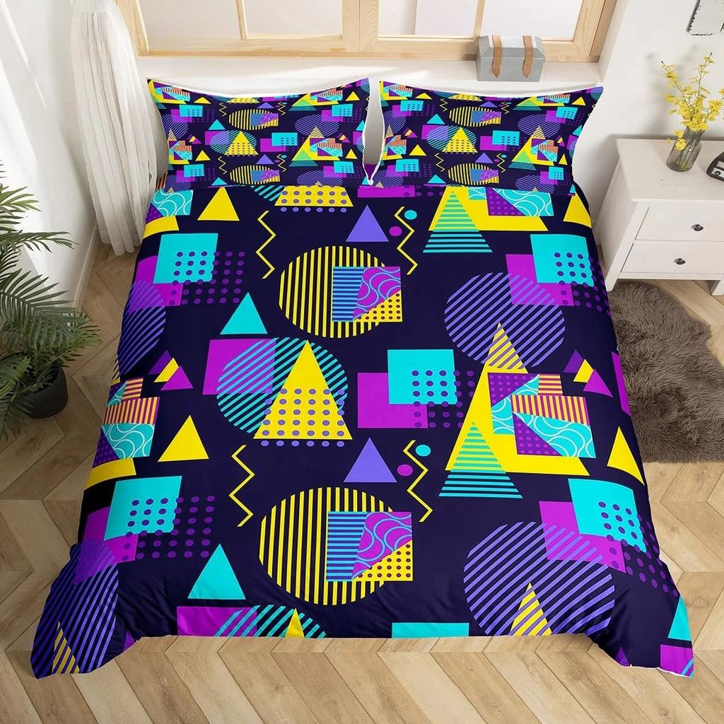 Retro Memphis Style Duvet Cover Set Galaxy Fashion Style Geometric Shapes Bedding Set Full,Hipster Old Fashioned Comforter Cover