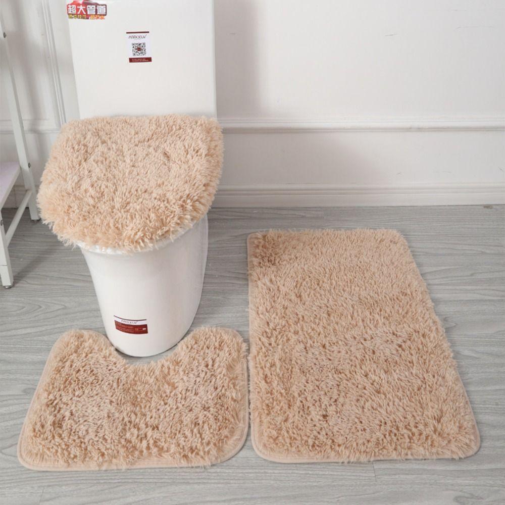3pcs/set Fluffy Hairs Toilet Lid Cover Rugs Solid Color Shower Carpets Sets Shower Room