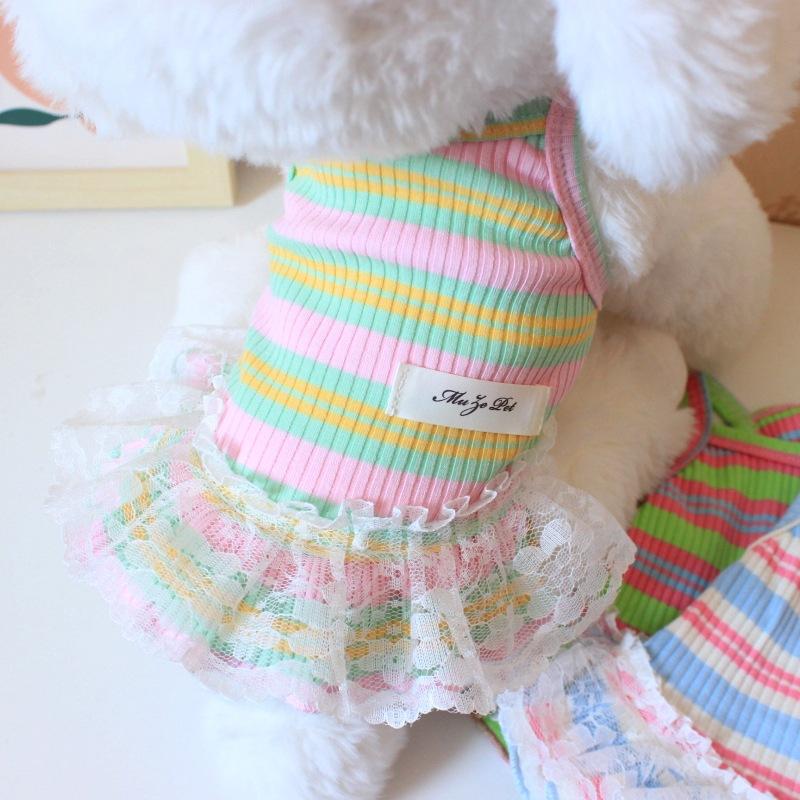 Puppy Summer Clothes Pet Outfit Lace Striped Dog Dress Cat Vest Chihuahua Bichon Yorkie Suspenders Skirt Cute Female Dog Tshirt