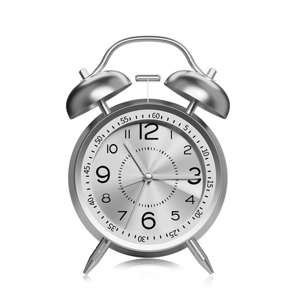 Бесшумный будильник с двумя колокольчиками и ночником, металлический корпус, будильник для спальни, ретро, ударопрочный, громкий будильник, настольный