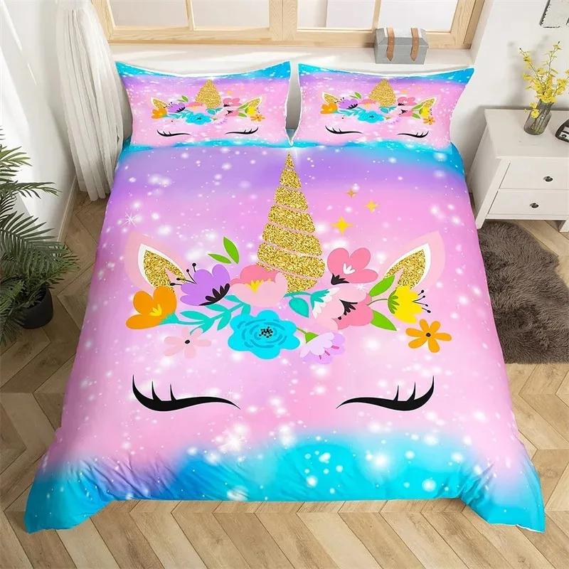 Cartoon Unicorn Duvet Cover Twin King Smiling Eyelash Rainbow Bedding Set For Kids Girls Microfiber Magical Animal Quilt Cover