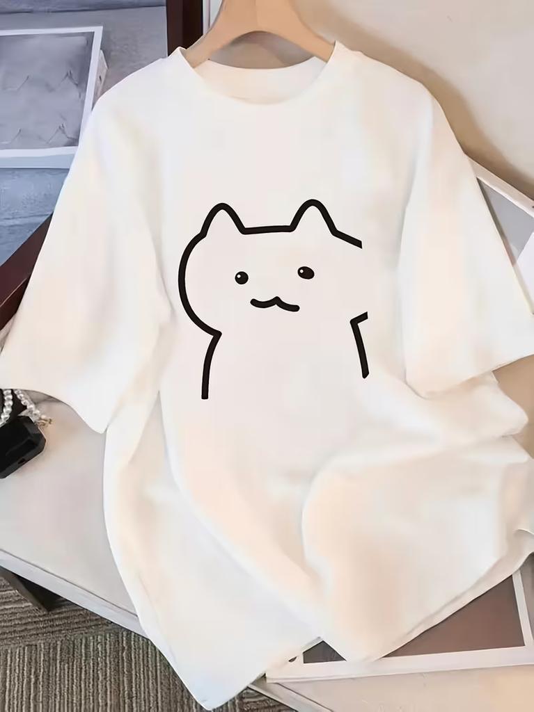 Минималистичная футболка с принтом кота в стиле line art, унисекс, с круглым вырезом, повседневная, милый простой графический кот, футболка для пары, летний топ