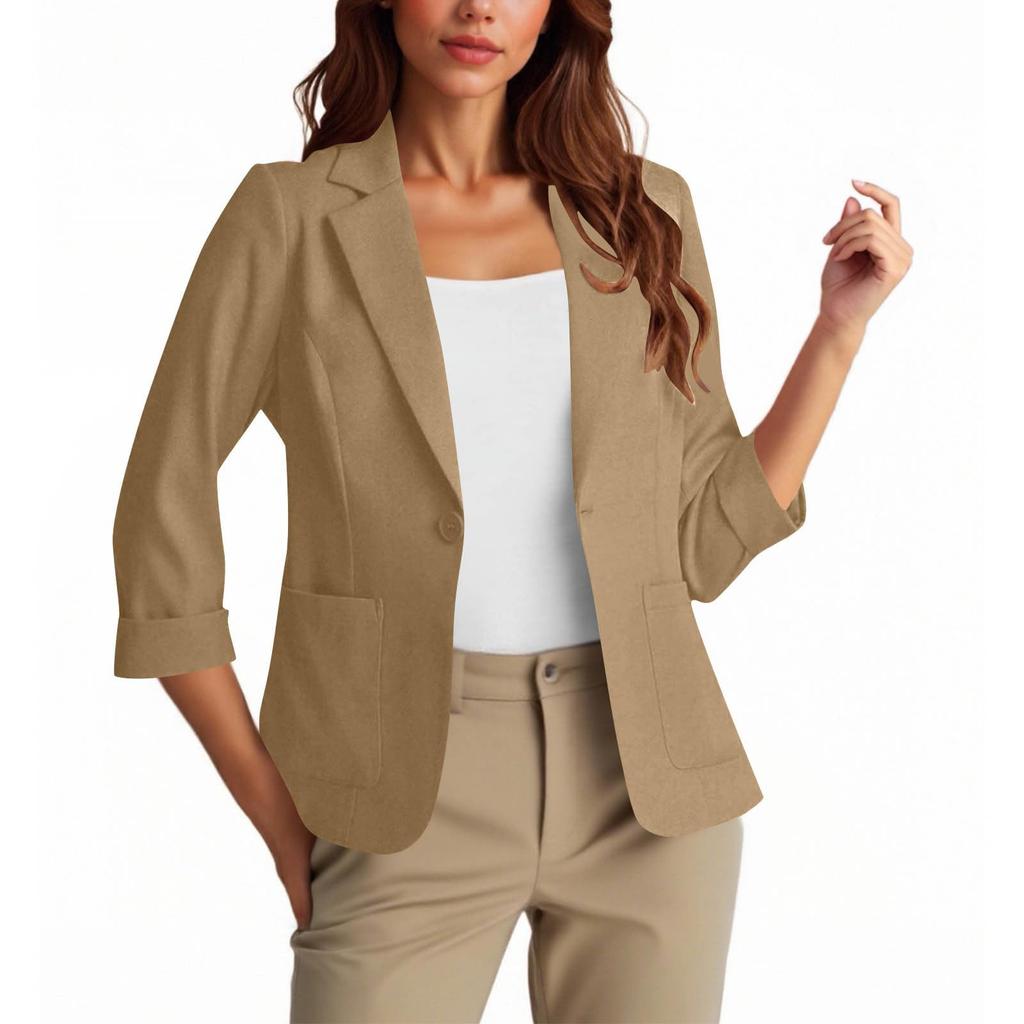 Womens Casual 3/4 Sleeve Blazers Open Front Solid Color Lapel Collar Work Business Suit Jackets