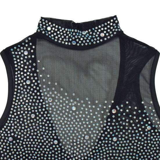 Lady Evening Dress Rhinestone Decor Mesh Patchwork Sleeveless Skinny Round Neck Wedding