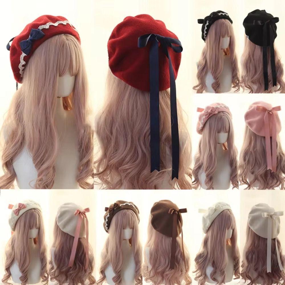 Warm Girl Lace Bow Hat Sweet Painter Hat Y2k Beanie Cap Female