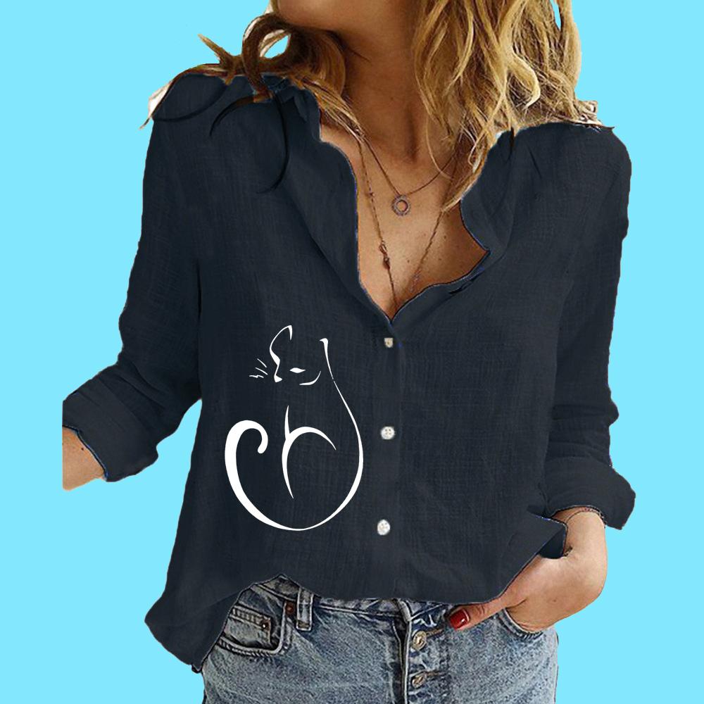 Women Fashion Long Sleeve Blouse Ladies Stand Neck Printed Top Casual Cotton Linen Buttoned Shirt