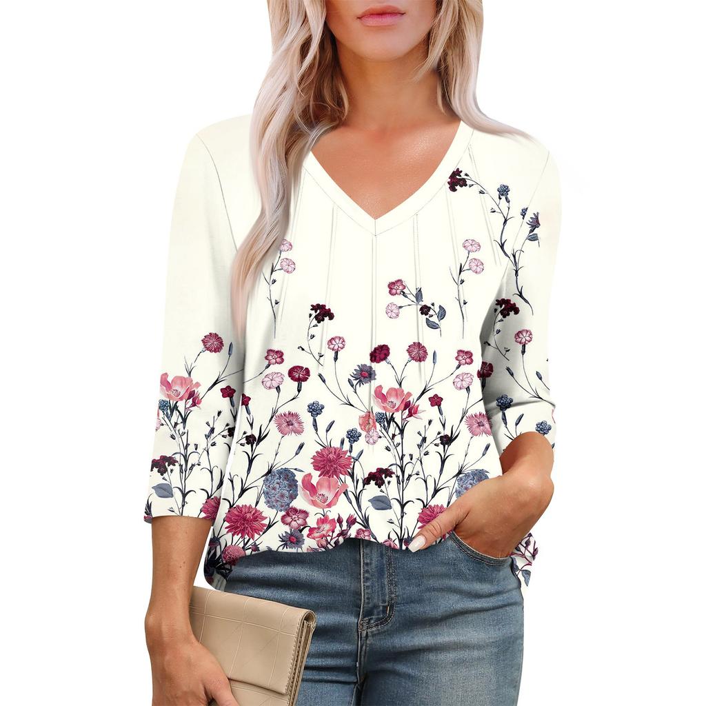 Women's Casual Tops V Neck Pull Stripe Prints Seven Sleeve Tops