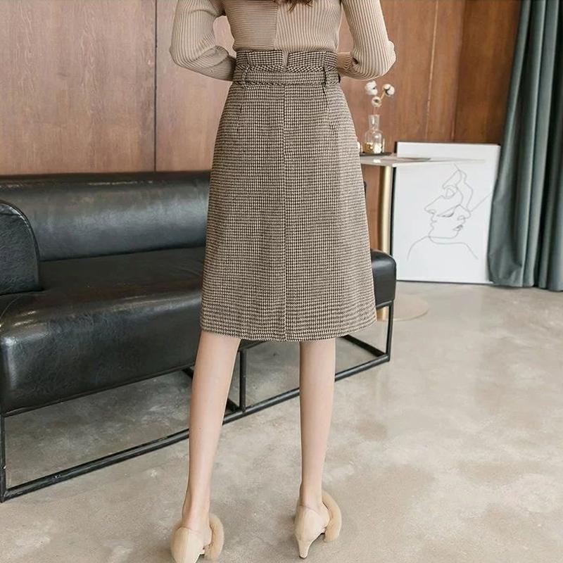 Женские клетчатые шерстяные юбки средней длины с поясом, с высокой талией, узкие, с узором «гусиная лапка», длиной до колена, женские юбки Faldas