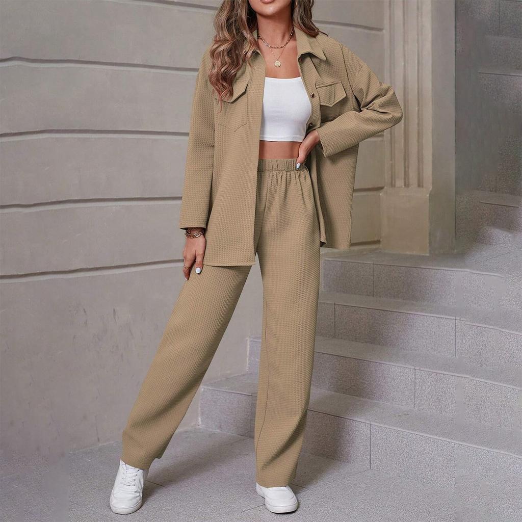 Women's Fashion Solid Color Lapel Button Long Sleeve Cardigan Casual Pants Set