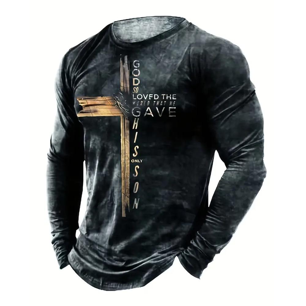 Spring and Autumn Round Neck 3D Cross Printed Top Fashionable Casual Vintage Christian Long Sleeved Men's T-shirts