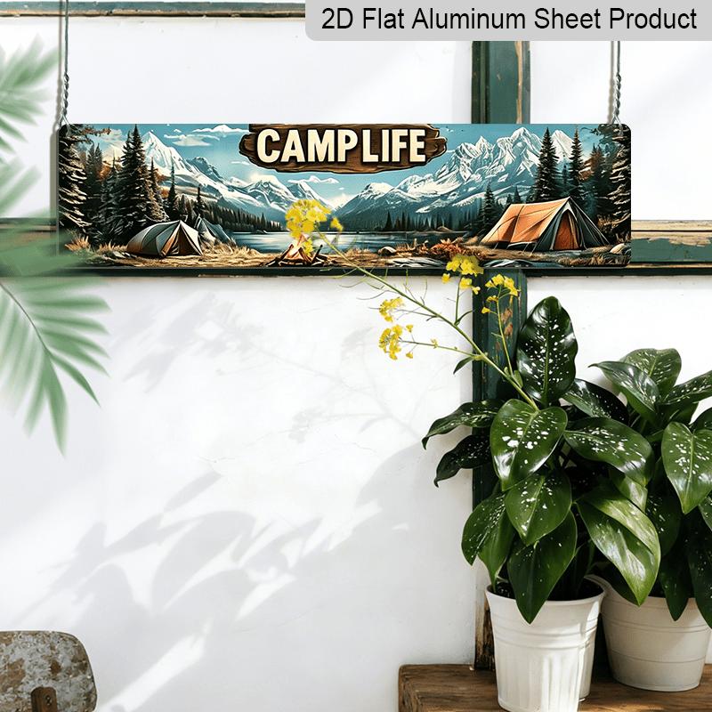 2D Flat, 1pc Retro CAMP LIFE Metal Sign - Vintage Wall Art with Rustic Campfire & Mountain Scene, 3.94x15.74inch Farmhouse Aluminium Decorative Sign