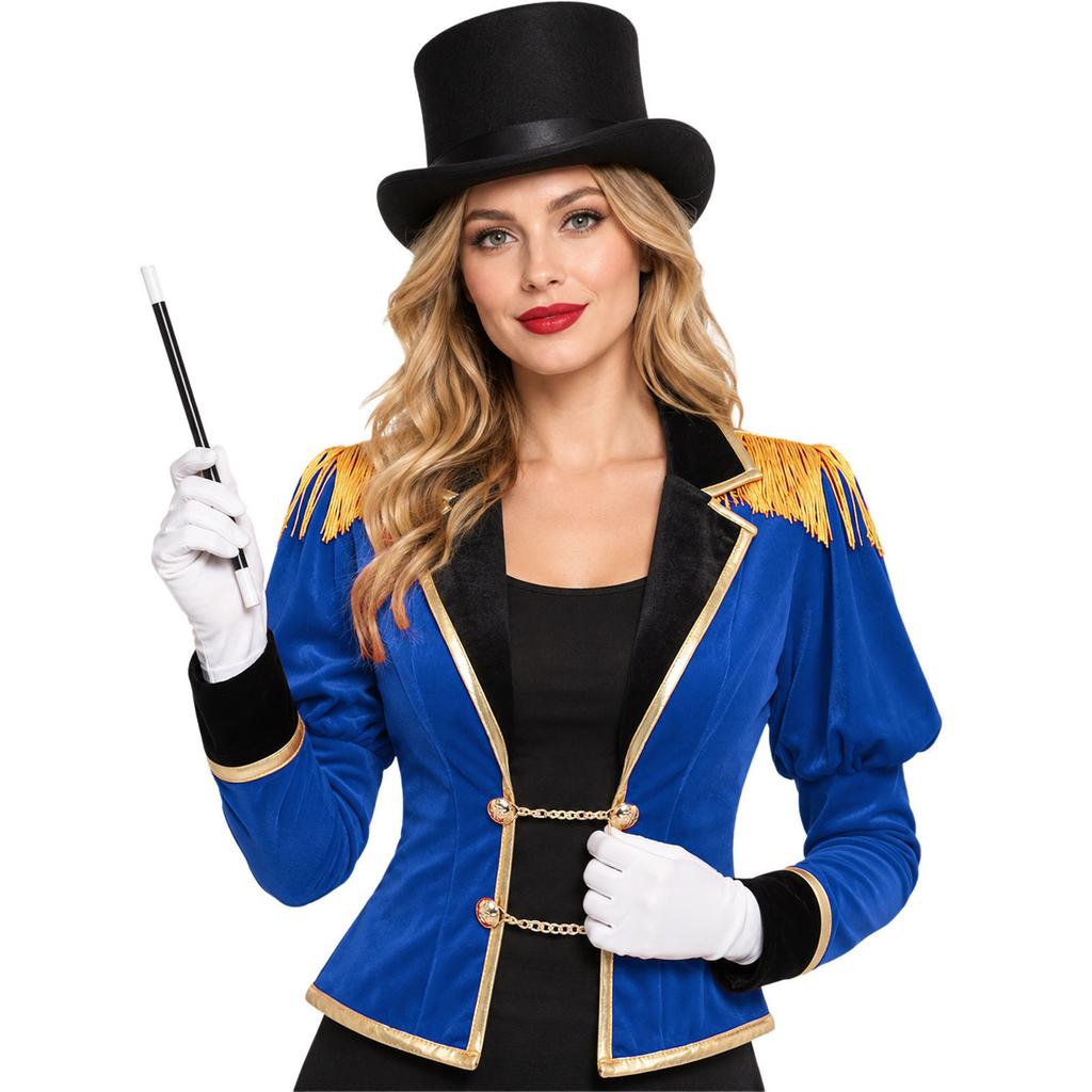 Women Circus Ringmaster Costume Puff Long Sleeve Lapel Collar Tassel Shoulder Jacket Chain Button Hat Gloves Magic Wand for Halloween Cosplay Party