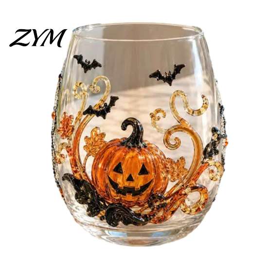 Spooky Kitchen Decor Halloween Glass Tumbler, Embossed Pumpkin Ghost Cat Bat Drinking Glass, Festive Beverage Cups Stemless Cups, Seasonal Drinkware